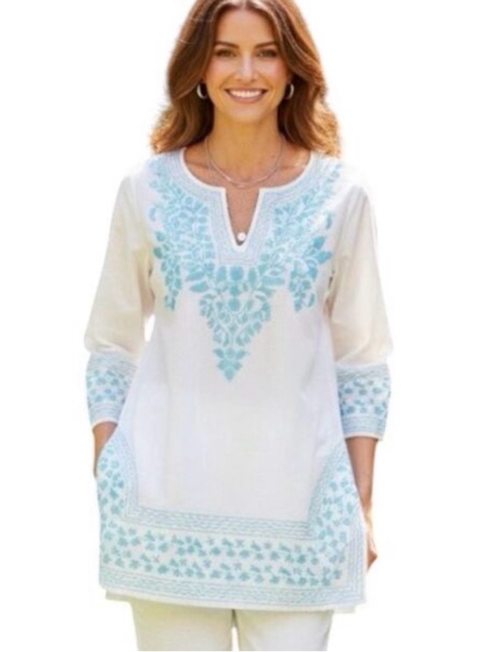 Gretchen Scott Designs White Blue Embroidered Tunic Resort Top Long Sleeve XS